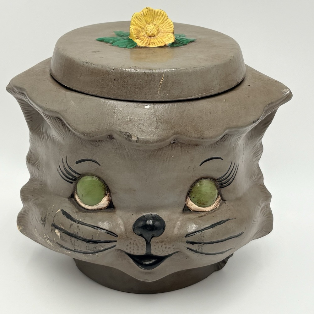 Cat Head Cookie Jar Hand Painted Ceramic Green Eyes Flower Hat Retro Vintage